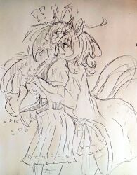 2girls agnes_tachyon_(umamusume) ahoge animal_ears ear_tag earrings greyscale horse_ears horse_girl horse_tail hug hug_from_behind jewelry lab_coat long_hair manhattan_cafe_(umamusume) monochrome multiple_girls pleated_skirt puffy_short_sleeves puffy_sleeves sailor_collar school_uniform short_sleeves simple_background single_earring skirt sleeves_past_fingers sleeves_past_wrists surprised tail thighhighs tracen_school_uniform traditional_media umamusume umieri24 very_long_hair white_background wide_sleeves wolf_cut