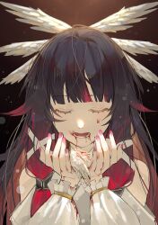1girl bird bird_on_hand black_hair blood blood_from_mouth blunt_bangs clothing_cutout colored_inner_hair colored_tips columbina_(genshin_impact) eyelashes facing_animal facing_down feathered_wings genshin_impact hair_ribbon hair_tubes hands_up head_wings highres long_sleeves lower_teeth_only mofu163 multicolored_hair multiple_wings open_hands open_mouth pink_nails portrait red_hair ribbon shoulder_cutout solo streaked_hair teeth tress_ribbon white_ribbon white_sleeves white_wings wings