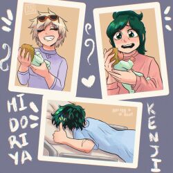 baby bakugou_mitsuki bed blonde_hair boku_no_hero_academia bones_(company) crying grandmother_and_grandson green_hair hospital hospital_bed lying male_pregnancy messy_hair midoriya_inko midoriya_izuku omegaverse on_stomach pillow scar scar_on_arm shounen_jump smile tears thumbs_up yaoi