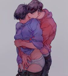 2boys belt belt_buckle biting biting_ear black_belt black_hair blue_eyes blue_hoodie briefs brothers buckle clothes_pull commentary_request denim drawstring grey_background hand_on_another&#039;s_crotch harikoma1010 hood hood_down hoodie hug hug_from_behind incest jeans looking_at_another looking_down male_focus male_underwear matsuno_karamatsu matsuno_osomatsu multiple_boys osomatsu-san osomatsu_(series) pants pants_pull red_eyes red_hoodie short_hair siblings simple_background tongue tongue_out underwear white_male_underwear yaoi