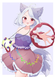 1girl :d ahoge animal_ear_fluff animal_ears bare_shoulders bear_trap breasts cleavage commentary_request cowboy_shot dog_ears dog_tail fang grey_background grey_hair jewelry looking_at_viewer mitsugashira_enoko multicolored_hair multiple_tails open_mouth outstretched_arm pendant pink_skirt purple_tube_top reaching reaching_towards_viewer red_eyes rururiaru short_hair skirt smile solo strapless tail touhou tube_top two-tone_hair white_hair