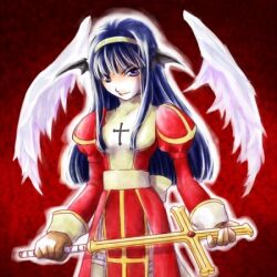 1girl 2000s_(style) black_wings blue_hair closed_mouth commentary_request cowboy_shot cross demon_wings detached_wings dress feathered_wings frown garter_straps hairband head_wings high_priest_(ragnarok_online) holding holding_cross juliet_sleeves long_hair long_sleeves looking_at_viewer lowres pazy puffy_sleeves purple_eyes ragnarok_online red_background red_dress sash solo thighhighs two-tone_dress v-shaped_eyebrows white_dress white_sash white_thighhighs wings yellow_hairband