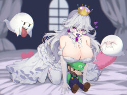 1girl all_fours arm_support bare_shoulders boo_(mario) breasts bright_pupils character_doll cleavage colored_tongue crown detached_collar dress from_side heart heart-shaped_pupils high-low_skirt highres huge_breasts kneeling looking_at_viewer low_neckline luigi luigi&#039;s_mansion mario_(series) new_super_mario_bros._u_deluxe nintendo on_bed open_mouth pale_skin princess_king_boo purple_eyes purple_tongue sharp_teeth solo strapless strapless_dress super_crown symbol-shaped_pupils teeth thighhighs tongue tongue_out uchujin_416 white_dress white_hair white_pupils white_thighhighs