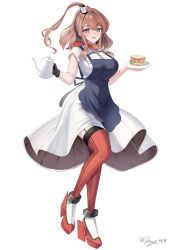 Rule 34 | 1girl, absurdres, apron, blue apron, breast pocket, breasts, brown hair, coffee pot, dimos (dawn 1945), dress, food, full body, gloves, grey eyes, hair between eyes, high side ponytail, highres, holding, holding coffee pot, holding plate, kantai collection, large breasts, long hair, neckerchief, plate, pocket, ponytail, red neckerchief, red thighhighs, rudder footwear, sandwich, saratoga (kancolle), short sleeves, side ponytail, sidelocks, single glove, smokestack hair ornament, solo, standing, thighhighs, white dress