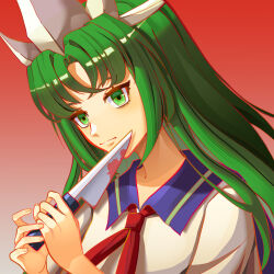 Rule 34 | 1girl, absurdres, blood, bloody knife, blue sailor collar, closed mouth, gradient background, green eyes, green hair, highly responsive to prayers, highres, holding, holding knife, knife, long hair, mima (touhou), neck ribbon, niceguangguang, parted bangs, puffy short sleeves, puffy sleeves, red background, red ribbon, ribbon, sailor collar, school uniform, serafuku, shirt, short sleeves, touhou, touhou (pc-98), triangular headpiece, very long hair, white shirt