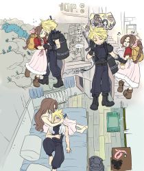 2boys 2girls aerith_gainsborough armor backpack bag barefoot barret_wallace belt black_footwear blue_eyes blue_pants blue_shirt blush boots braid brown_footwear buster_sword closed_eyes cloud_strife dress final_fantasy final_fantasy_vii final_fantasy_vii_remake full_body hair_down hair_ribbon highres holding_another&#039;s_wrist indoors jacket unworn_jacket lap_pillow long_hair materia multiple_boys multiple_girls multiple_views outdoors pants parted_bangs pink_dress pink_ribbon pointing red_xiii ribbon shirt shop short_hair shoulder_armor sidelocks sleep_junky sleeveless sleeveless_turtleneck smile spiked_hair square_enix suspenders talking_on_phone tifa_lockhart towel towel_around_neck turtleneck weapon weapon_on_back