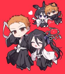 1boy 1girl ^_^ animal_ears black_hair black_kimono black_wings bleach cat_tail chibi closed_eyes coat demon_wings g_ieep haori japanese_clothes kimono kuchiki_rukia kurosaki_ichigo long_hair orange_eyes purple_eyes rabbit_ears shihakusho short_hair side_ponytail spiked_hair tail white_coat white_haori white_wings wings