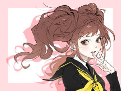 1girl black_sailor_collar brown_eyes brown_hair commentary earrings english_commentary ev3_3er eyelashes jewelry kujikawa_rise long_hair neckerchief parted_lips persona persona_4 sailor_collar school_uniform serafuku simple_background solo twintails upper_body v yellow_neckerchief