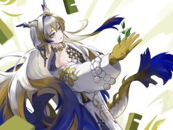 1girl arknights bare_shoulders bead_necklace beads blonde_hair breasts collarbone dragon_girl dragon_horns dragon_tail earrings eastern_dragon_horns eastern_dragon_tail gloves grey_eyes hair_intakes highres horns ikmaln300_(mal008) jewelry long_hair long_sleeves necklace off_shoulder open_mouth ponytail shu_(arknights) small_breasts solo strapless tail tube_top white_hair white_tube_top yellow_gloves