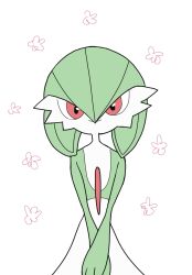 Rule 34 | 1girl, bob cut, closed mouth, colored skin, female focus, flat chest, flat color, floral background, gardevoir, gen 3 pokemon, green hair, green skin, hair between eyes, happy, looking at viewer, monya, multicolored skin, nintendo, own hands together, pokemon, pokemon (creature), red eyes, short hair, simple background, smile, solo, standing, straight-on, two-tone skin, v arms, white background, white skin