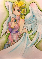 absurdres arm_between_breasts armlet arms_up between_breasts blanket blonde_hair blush body_horror breasts breath_of_fire breath_of_fire_iv brooch brown_eyes closed_mouth covered_erect_nipples cropped_legs dress elina_(breath_of_fire) feathered_wings flesh green_outline hair_bun highres holding holding_blanket inoe jewelry looking_at_viewer medium_breasts medium_hair outline painting_(medium) sleeveless traditional_media turtleneck watercolor_(medium) wings worried
