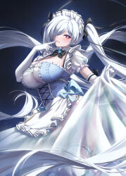 1girl aeon_ion apron black_bow black_bowtie blue_dress blush bow bowtie breasts cinderella_(nikke) cleavage collar detached_collar dress elbow_gloves garter_belt garter_straps gloves goddess_of_victory:_nikke hair_bow hair_over_one_eye highres large_breasts long_hair looking_at_viewer maid maid_apron maid_headdress one_eye_covered open_mouth panties red_eyes see-through_clothes see-through_skirt short_sleeves skirt smile solo teeth thighhighs twintails underwear very_long_hair white_gloves white_hair white_thighhighs