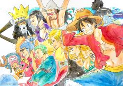 Rule 34 | 2girls, 6+boys, antlers, arm tattoo, arms up, bandana around arm, bikini, bikini top only, blonde hair, blue hair, blue skin, brook (one piece), buzz cut, cigarette, colored skin, commentary request, cross, crown, eyewear on head, facial hair, feather boa, franky (one piece), goatee, green hair, green kimono, half updo, hanakotoba28, hat, headphones, highres, hood, horns, japanese clothes, jinbe (one piece), kimono, long nose, looking ahead, looking at viewer, monkey d. luffy, multiple boys, multiple girls, nami (one piece), nami (one piece) (return to sabaody), nico robin, nico robin (return to sabaody), one piece, open clothes, open shirt, orange hair, ponytail, profile, red shirt, reindeer antlers, roronoa zoro, sanji (one piece), sash, scar, scar across eye, scar on face, shirt, short hair, sideburns, sidelocks, skeleton, smile, straw hat, straw hat pirates, striped clothes, swimsuit, tattoo, tony tony chopper, usopp, vertical-striped clothes, very short hair, yellow sash