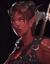 1girl axe baldur&#039;s_gate baldur&#039;s_gate_3 battle_axe black_hair broken_horn colored_skin commentary curled_horns dungeons_&amp;_dragons dungeons_&amp;_dragons english_commentary expressionless highres horns karlach medium_hair multicolored_hair orange_eyes pointy_ears red_hair red_skin side_cut signature slit_pupils solo sunriseart3 tiefling two-tone_hair weapon weapon_on_back