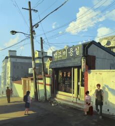 Rule 34 | 2girls, 3boys, apartment, blue sky, building, cloud, cloudy sky, highres, lamppost, multiple boys, multiple girls, original, outdoors, power lines, restaurant, satellite dish, scenery, school uniform, shadow, sky, slow d, sunlight, utility pole