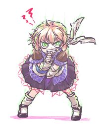 1girl angry aokukou aura biting biting_own_thumb black_shoes black_skirt blonde_hair bright_pupils brown_shirt commentary_request full_body green_eyes leaning_forward looking_at_viewer mary_janes medium_hair mizuhashi_parsee scarf shirt shoes short_hair short_sleeves simple_background skirt socks solo touhou white_background white_pupils white_scarf white_socks