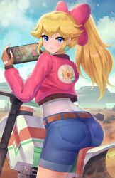 1girl blonde_hair blue_eyes blush bow breasts denim denim_shorts doiparuni earrings gloves hair_bow highres holding jacket jewelry long_hair looking_at_viewer mario_(series) mario_kart mario_kart_world motor_vehicle motorcycle nintendo nintendo_switch pink_bow pink_jacket princess_peach princess_peach_(touring) shirt shorts smile solo sphere_earrings white_shirt