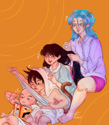 2boys 2girls after_bathing black_eyes black_hair blue_eyes blue_hair blush bruce_lee bulma chi-chi_(dragon_ball) dragon_ball dragon_ball_(classic) happy kuririn long_hair multiple_boys multiple_girls orange_background reading_comics sleepover smile son_goku tail towel towel_on_head wiping