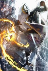 2boys aircraft armor bakugou_katsuki ball belt black_gloves blonde_hair bloom blurry blurry_background blurry_foreground boku_no_hero_academia boots building city colored_sclera combat_boots commentary_request container crack cracked_glass crossover destruction embers energy eye_contact fangs fighting film_grain flying from_side full_body glass_shards glider gloves glowing glowing_hand green_goblin hand_up hands_up high_collar highres holding holding_ball imminent_explosion knee_pads light light_particles long_pointy_ears looking_at_another male_focus marvel marvel_cinematic_universe midair monster multiple_boys myu060309 no_pupils official_alternate_costume open_mouth orange_gloves outdoors outstretched_arm partial_commentary pointy_ears pouch profile red_eyes science_fiction shards short_hair sidelighting single_horizontal_stripe sky spider-man:_no_way_home spider-man_(series) spider-man_1_(2002) spiked_hair spread_legs squatting twitter_username two-tone_gloves white_sky yellow_sclera
