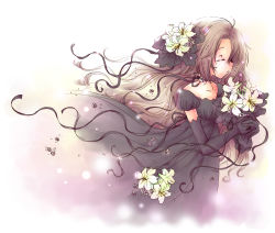Rule 34 | 00s, 1girl, bad id, bad pixiv id, brown hair, closed eyes, code geass, dress, elbow gloves, female focus, flower, gloves, goth fashion, gradient background, long hair, muu, nunnally vi britannia, ribbon, solo, wind