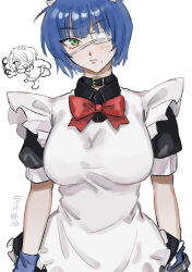 1girl apron belt_collar black_collar blue_gloves blue_hair blush breasts chibi collar eyepatch gloves green_eyes highres ikkitousen large_breasts maid maid_apron maid_headdress medical_eyepatch mole mole_under_mouth one_eye_covered red_ribbon ribbon ryomou_shimei short_hair short_sleeves simple_background solo toda_(tda_3) white_background