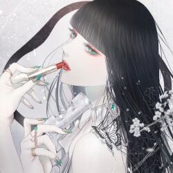 1girl bare_shoulders black_hair blunt_bangs bug butterfly commentary_request cosmetics earrings eyeshadow floral_background gradient_nails green_eyes green_nails highres holding holding_lipstick_tube insect jewelry lipstick_tube long_hair looking_to_the_side makeup mole mole_on_cheek nail_polish neck_ribbon original pale_skin parted_lips red_eyeshadow red_lips ribbon ring satsuki_kei solo white_background