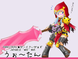 1girl :3 armor blue_eyes blue_hair blush boots darksiders female_focus gender_request genderswap gloves heart hood kirimusume knee_pads long_hair matching_hair/eyes moe_(phrase) rirakuma shoulder_pads single_glove solo sweatdrop sword war_(darksiders) weapon