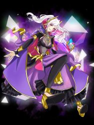 1girl anklet armlet armpit_crease armpit_cutout bodysuit bodysuit_under_clothes bracelet breasts cape clothing_cutout collar collared_cape corruption covered_navel dark_background dark_persona evil_smile eyelashes eyes_of_grima female_robin_(fell_tactician)_(fire_emblem) female_robin_(fire_emblem) fire_emblem fire_emblem_awakening fire_emblem_heroes foot_up high_heels highres hip_vent jewelry leggings long_hair lots_of_jewelry medium_breasts multiple_necklaces neck necklace nintendo no_socks official_alternate_costume open_clothes open_hand open_skirt outstretched_arm parted_lips purple_cape red_eyes see-through_clothes shoe_soles sidelocks skirt smile smirk spiked_hair_ornament swept_bangs tight_clothes twintails vortex white_hair