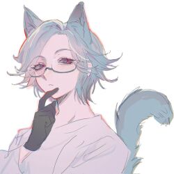 1boy animal_ears aotsuki_eito black_gloves blue_eyes cat_ears cat_tail commentary glasses gloves grey_hair hand_on_own_chin highres kemonomimi_mode looking_at_viewer male_focus portrait second-party_source shirt short_hair simple_background solo squinting symbol-only_commentary tail the_hundred_line_-last_defense_academy- white_background white_shirt x045cr