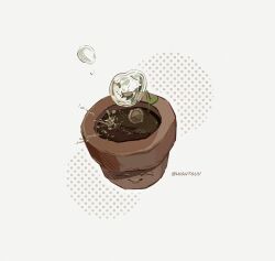 artist_name bubble closed_eyes closed_mouth commentary dirt flower_pot flower_pot_(plants_vs_zombies) halftone hightguy no_humans plant plants_vs._zombies smile solo weeds white_background