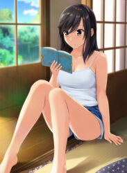 1girl barefoot black_hair blue_shorts book breasts brown_eyes camisole cleavage closed_mouth collarbone commentary_request holding holding_book ichijou_hotaru indoors knees_up large_breasts legs long_hair non_non_biyori nonaka_ritsu reading shorts sitting solo thighs white_camisole