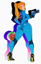1girl ass blonde_hair blue_bodysuit blue_eyes bodysuit breasts drop_shadow from_behind gun handgun high_heels highres holding holding_gun holding_weapon kukumomo large_breasts legs_apart long_hair looking_back looking_down metroid metroid_(creature) nintendo paralyzer ponytail samus_aran simple_background skin_tight solo standing stun_gun trigger_discipline v-shaped_eyebrows weapon white_background zero_suit