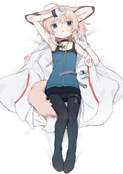 1girl absurdres ahoge animal_ears arknights black_pantyhose blue_eyes commentary fox_ears fox_girl fox_tail full_body gloves highres looking_at_viewer lying on_back pantyhose solo sussurro_(arknights) tail unitedunti white_gloves