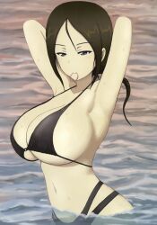 1girl adjusting_hair armpits arms_behind_head beach bikini black_bikini blue_eyes breasts brown_hair bukkuri cleavage girls_und_panzer half-closed_eyes highres large_breasts legs long_hair mouth_hold navel nonna_(girls_und_panzer) ocean sideboob smile solo source_request swimsuit thighs water wet