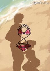 1boy 1girl absurdres beach bikini breasts completely_nude day dressed_shadow_(meme) female_pov floral_print_bikini hand_on_another&#039;s_head hetero highres implied_nudity kurosawa_dia large_breasts large_penis love_live! love_live!_sunshine!! meme multi-strapped_bikini_bottom multi-strapped_bikini_top nude ocean official_alternate_costume oral outdoors penis pov red_bikini sand shadow signature solo swimsuit unworn_bikini unworn_clothes water