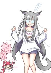 2girls alternate_costume animal_ears bespectacled blunt_bangs breasts cellphone chibi chrono_genesis_(umamusume) closed_mouth collarbone commentary_request embarrassed glasses hair_between_eyes hair_ornament heart highres horse_ears horse_tail inuken_(nicoseiga917125) looking_at_viewer loves_only_you_(umamusume) multiple_girls nervous_sweating open_mouth phone recording selfie_stick shirt shorts simple_background small_breasts smug sweat tail umamusume white_background