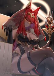 Rule 34 | 1girl, absurdres, animal ear fluff, animal ears, artist name, black gloves, black thighhighs, breasts, commission, crossed legs, elbow gloves, gem, gloves, gold collar, gold trim, highres, holding, indie virtual youtuber, kurotsuki arts, long hair, mismatched thighhighs, mouth veil, nephernya (vtuber), red gemstone, red hair, see-through clothes, solo, tail, thigh strap, thighhighs, veil, virtual youtuber, yellow eyes