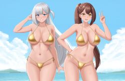 2girls :d absurdres arm_behind_back azur_lane bad_tag beach bikini blue_eyes blush breasts brown_hair crane_enthusiast eyeshadow grin hair_between_eyes hand_on_own_hip happy highres hip_focus large_breasts leaning_to_the_side long_hair looking_at_viewer makeup mole mole_under_eye multiple_girls navel ocean open_mouth outdoors ponytail red_eyeshadow shoukaku_(azur_lane) side-tie_bikini_bottom smile stomach swimsuit tan teeth thigh_gap thighs upper_teeth_only v very_long_hair wet white_hair yellow_bikini yellow_eyes zuikaku_(azur_lane)