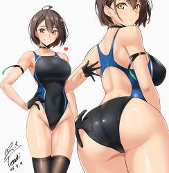 1girl adjusting_clothes adjusting_swimsuit arm_strap azur_lane baltimore_(azur_lane) bare_shoulders black_choker black_gloves black_thighhighs braid breasts brown_hair choker competition_swimsuit gloves gluteal_fold highres large_breasts medium_hair multiple_views one-piece_swimsuit swimsuit thighhighs yellow_eyes yoo_tenchi