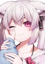 2girls ;) absurdres animal_ear_fluff animal_ears black_ribbon blue_shirt blush bow closed_mouth collarbone ears_down fox_girl grey_hair hair_between_eyes hair_bow hair_ribbon hand_on_another&#039;s_cheek hand_on_another&#039;s_face highres karin_(vrchat) long_hair long_sleeves looking_at_viewer motoda_5148 multiple_girls one_eye_closed out_of_frame pink_eyes pink_hair portrait pov pov_hands puffy_long_sleeves puffy_sleeves red_bow ribbon shirt sidelocks signature simple_background sleeves_past_wrists smile solo_focus split_mouth twintails upper_body vrchat white_background white_hair white_shirt