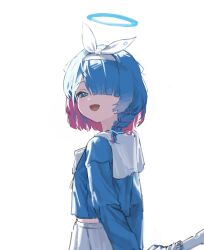 1girl arms_behind_back arona_(blue_archive) blue_archive blue_eyes blue_hair blue_halo blue_shirt bow_hairband braid colored_inner_hair commentary hairband halo highres hinalover holding holding_umbrella looking_at_viewer midriff_peek multicolored_hair open_mouth pink_hair sailor_collar shirt simple_background single_braid skirt solo standing umbrella white_background white_hairband white_sailor_collar white_skirt