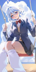 1girl absurdres blue_eyes blue_hair emduck furina_(genshin_impact) genshin_impact highres light_blue_hair looking_at_viewer medium_hair multicolored_hair school_uniform sitting smile socks solo streaked_hair