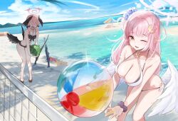 ball bikini black_bikini black_bow black_wings blue_archive blush bow breasts erifan0 feathered_wings floral_print floral_print_bikini food fruit gun hair_bow halo head_wings highres koharu_(blue_archive) koharu_(swimsuit)_(blue_archive) large_breasts mika_(blue_archive) navel ocean official_alternate_costume open_mouth outdoors pink_eyes pink_hair small_breasts solo stomach sweat swimsuit twintails watermelon weapon white_bikini wings yellow_eyes