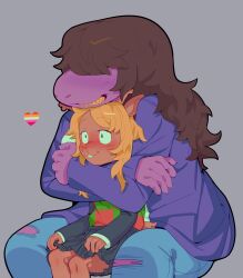 2girls absurdres animal_ears antlers between_legs black_skirt blonde_hair blush brown_hair buck_teeth colored_skin colored_teeth crybleat deer_antlers deer_ears deer_girl deer_tail deltarune denim freckles furry furry_female grey_background highres horns hug hug_from_behind jeans lesbian_flag long_hair multiple_girls noelle_holiday pants purple_skin sharp_teeth size_difference skirt susie_(deltarune) tail teeth torn_clothes torn_jeans torn_pants yellow_teeth yuri