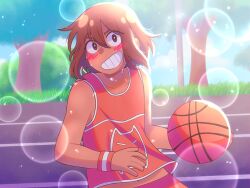 1boy ball basketball_(object) blurry blurry_background blush brown_eyes brown_hair collarbone dark-skinned_male dark_skin day donuqx grin heavy_lens_flare kel_(faraway)_(omori) kel_(omori) lens_flare male_focus omori orange_shorts outdoors short_hair shorts smile solo sweat teeth tree