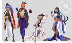 Rule 34 | &gt;:), 2boys, 2girls, :d, adapted costume, aqua eyes, armlet, bandaged leg, bandages, bandana, bare legs, barefoot, baseball cap, bea (pokemon), beard, black footwear, black gloves, black hair, black hairband, black headwear, black kimono, black legwear, black ribbon, blue eyes, blue hair, cape, claw pose, crop top, dark-skinned female, dark-skinned male, dark skin, detached sleeves, dive ball, earrings, facial hair, fighting stance, floating, full body, gen 4 pokemon, geta, gloves, grey background, gym leader, hair bun, hair ribbon, hairband, hakama, hakama skirt, hands in opposite sleeves, hat, highres, hoop earrings, japanese clothes, jewelry, kimono, leon (pokemon), long hair, long skirt, long sleeves, mitsunari miyako, multicolored hair, multicolored skirt, multiple boys, multiple girls, navel, nessa (pokemon), nintendo, open clothes, open mouth, orange gloves, orange legwear, outstretched arms, partially fingerless gloves, pelvic curtain, platform footwear, poke ball, poke ball symbol, pokemon, pokemon (creature), pokemon swsh, purple hair, purple hakama, raihan (pokemon), red cape, ribbon, rotom, rotom phone, short hair, silver hair, single bare shoulder, single detached sleeve, single glove, single hair bun, skirt, smile, socks, standing, striped clothes, striped kimono, taut clothes, teeth, two-tone hair, v-shaped eyebrows, very long hair, white footwear, white hakama, white kimono, wide sleeves, yellow eyes, yellow kimono