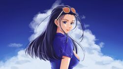 1girl absurdres black_hair blue_eyes blue_jacket blue_sky cloud eyelashes eyewear_on_head frozenover hair_slicked_back high_collar highres jacket long_hair looking_back nico_robin one_piece orange-tinted_eyewear short_sleeves sidelocks sky smile solo tinted_eyewear upper_body