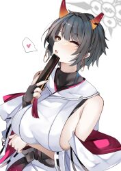 1girl ;o arm_under_breasts black_hair blue_archive blush breasts broken_horn commentary cone_horns detached_sleeves earrings fang fingernails folded_fan folding_fan halo hand_fan heart highres holding holding_fan hoop_earrings horns huge_breasts japanese_clothes jewelry kimono looking_at_viewer mole mole_under_eye mutou_mame nail_polish niya_(blue_archive) one_eye_closed short_hair sideboob sideless_kimono simple_background skin_fang skindentation solo spoken_heart upper_body white_background white_kimono