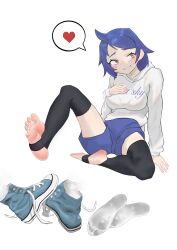 1girl absurdres barefoot black_thighhighs blue_hair blush feet highres looking_at_viewer medium_hair parted_lips shoes shorts smile soles steam stirrup_legwear sweat thighhighs toeless_legwear toes unworn_shoes yantai yellow_eyes