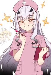 1girl absurdres artoria_caster_(fate) artoria_pendragon_(fate) blush chibi chibi_inset clipboard dress ebora fate/grand_order fate_(series) hand_up hat highres holding holding_syringe long_hair looking_at_viewer melusine_(fate) non-web_source nurse nurse_cap pink_dress pink_hat sidelocks smile solo syringe white_background yellow_eyes